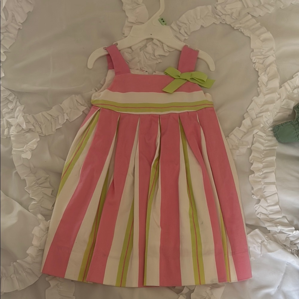 Pink and White Striped Kids Dress with Green Accents